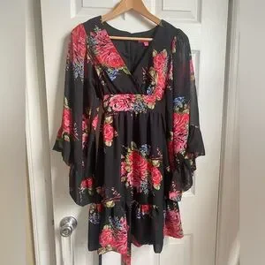 Betsey Johnson | Dresses | Betsey Johnson Bambi Mini Dress Fairy Sleeves  Sheer Overlay Tie Waist Size 4 | Poshmark